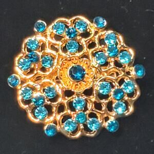 Blue Rhinestone Round Gold Tone 1.5" Brooch Pin Unsigned Vtg